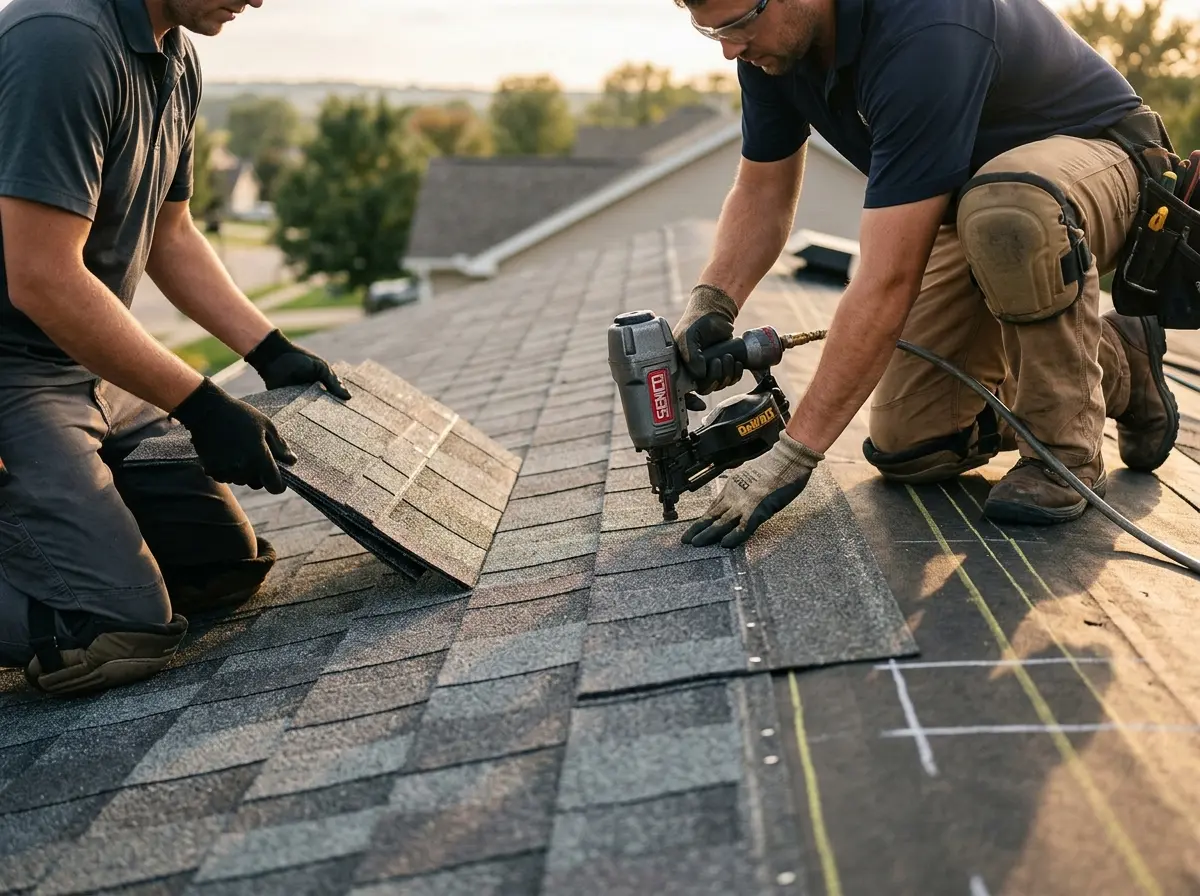 Professional roofer working on a residential roof in Beech Grove